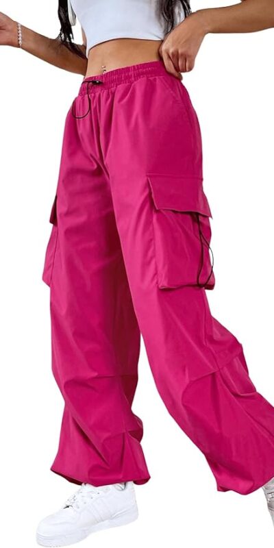 womens pink drawstring baggy cargo pants