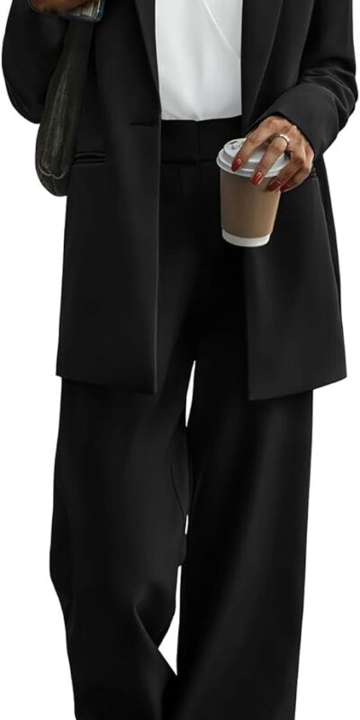 KIRUNDO Women's 2024 Fall 2 Piece Blazer Set - Casual Loose Fit, Long Jacket, Dressy Wide Leg Pants, Pockets