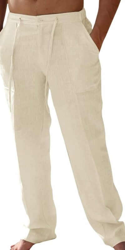 PASLTER Men's Linen Drawstring Yoga Beach Pants, Loose Fit