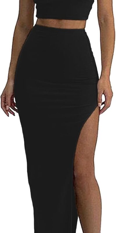 ELLEVEN Women's 2 Piece Maxi Skirt Set - Knit Bodycon Crop Tank Top, High Slit Skirt, Summer Outfit