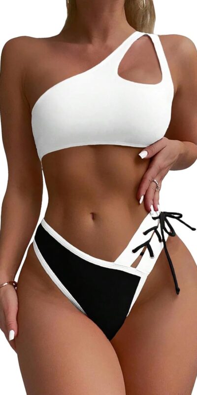 SherryDC Color Block One Shoulder Bikini Swimsuit