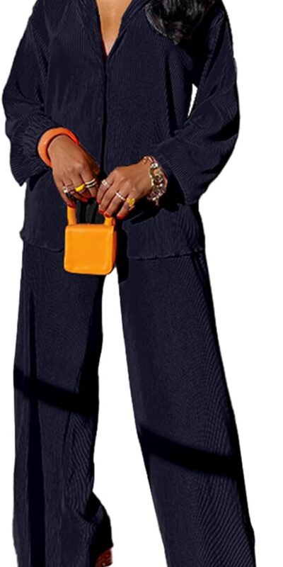 Women's Linen 2 Piece Outfit: Shirt + Flare Pants Set