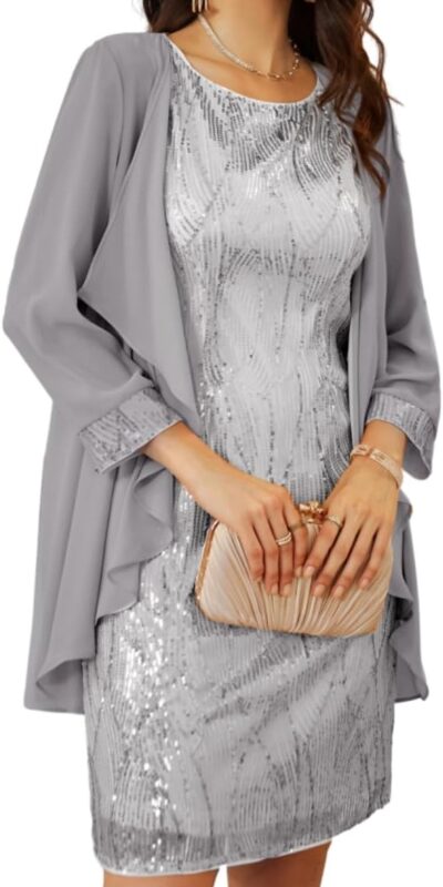 GRACE KARIN Sequin Wedding Guest Formal Dress Two Piece, Knee Length