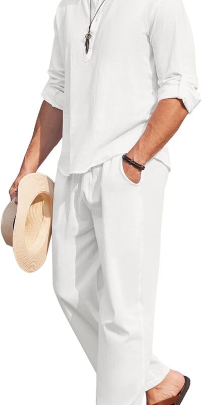 COOFANDY Men's 2-Piece Cotton Linen Set with Long Sleeve Henley Shirts and Beach Pants