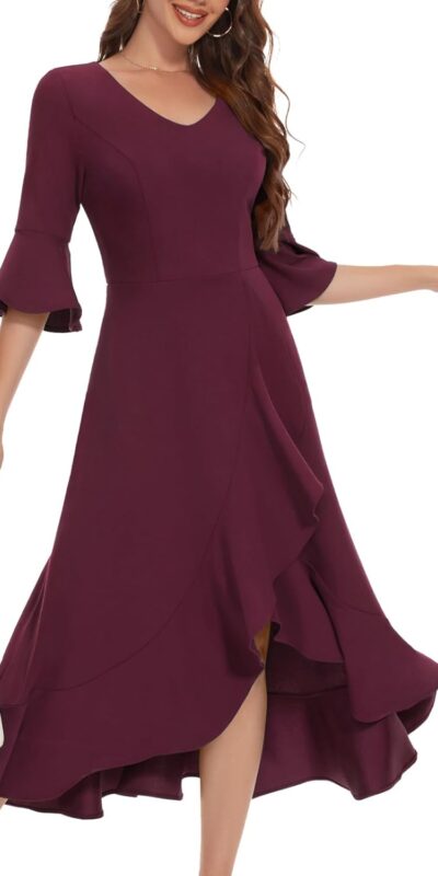 HomRain Women's V Neck Bell Sleeve Wedding Guest Dress