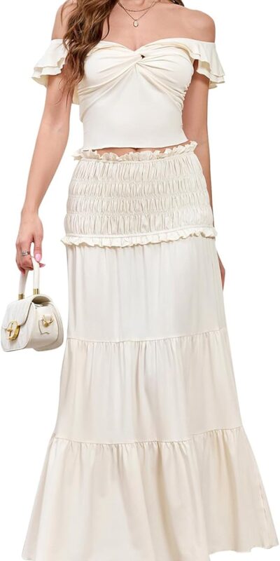 HTZMO Women's Two Piece Off Shoulder Maxi Dress Set