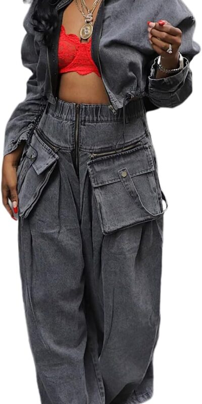 KANSOON 2-Piece Denim Track Suit Set - Long Sleeve Crop Jacket & Wide Leg Pants