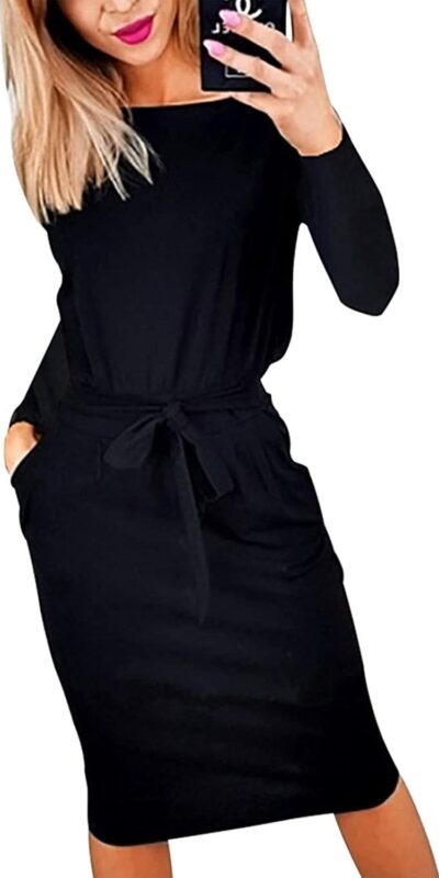 PRETTYGARDEN Long Sleeve Belted Party Pencil Dress - Size Medium