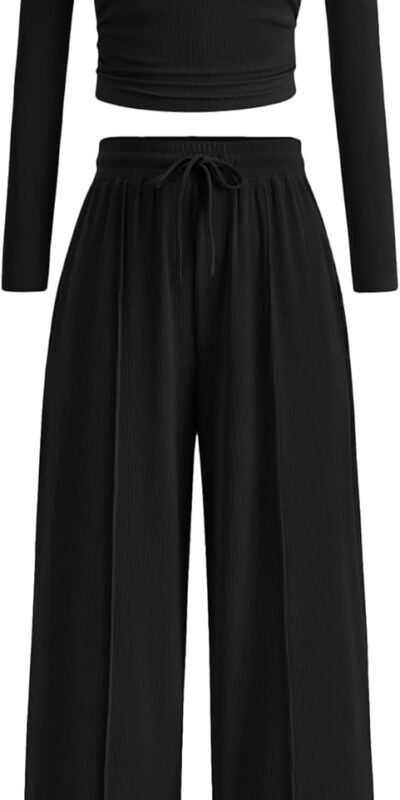 Ribbed Knit Crop Top and Wide Leg Pants Lounge Set