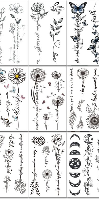 CHARLNET Flower Words Temporary Tattoos - Waterproof Realistic Black