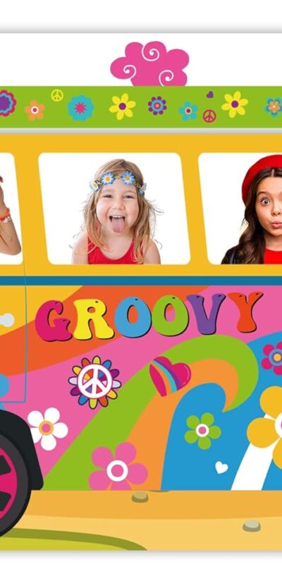 60's Hippie Bus Photo Prop 60s Party Decorations Large Fabric Retro Groovy Van Prop Hippie Selfie Frame Backdrop Background Banner Birthday Party Supplies Retro 60s 70s Party Favors 65.8 x 35.4 Inch