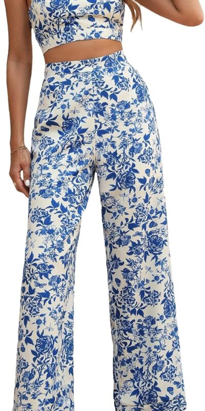 Boho Floral Print 2-Piece Crop Top and Maxi Pants Set
