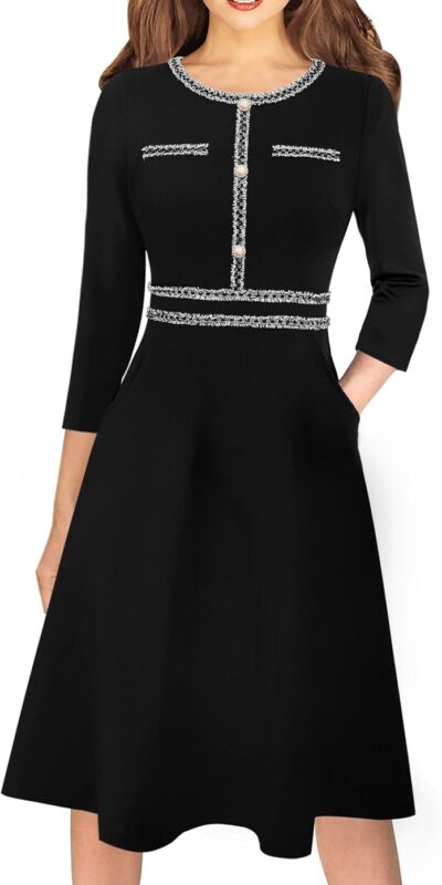 VFSHOW Button Pockets Slim A-Line Dress, Office & Party