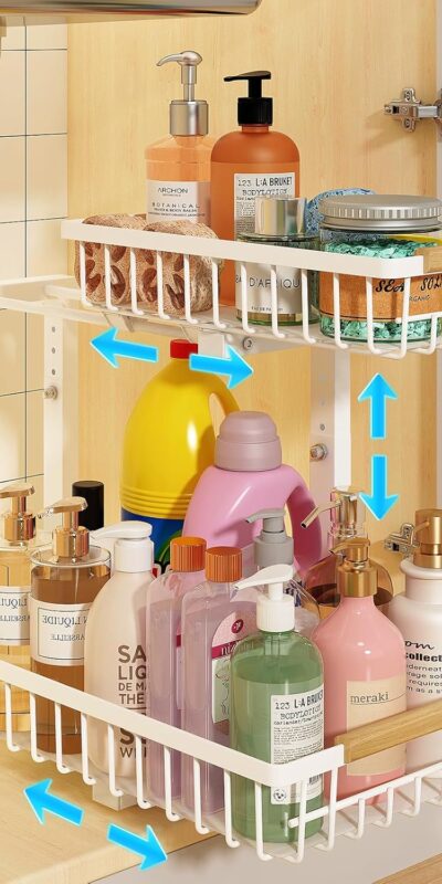 Adjustable 2 Tier Under Sink Organizer, White, 1 Pack