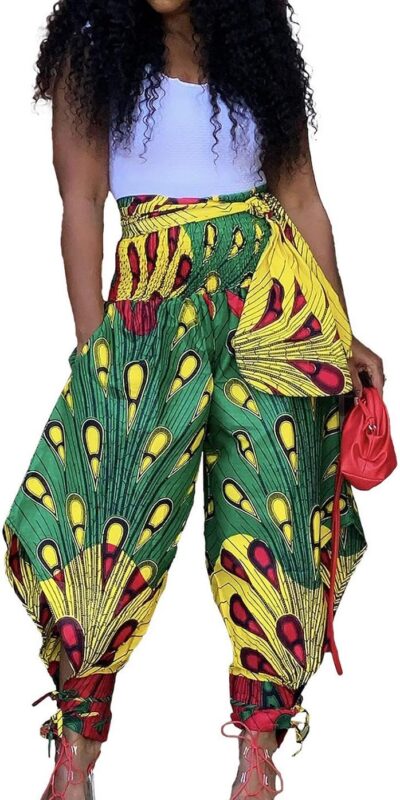 Voghtic Womens Casual African Print Harem Pants Hippie Loose Beach Boho Wide Leg Palazzo Lounge Trousers with Pockets