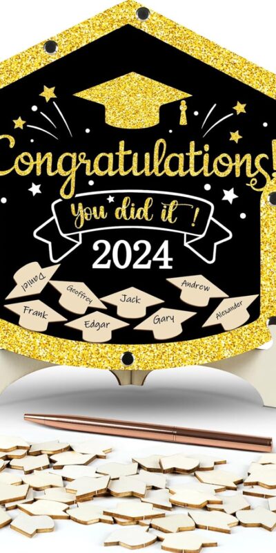 2024 Graduation Guest Book Black Gold Wood Hat Signature Book