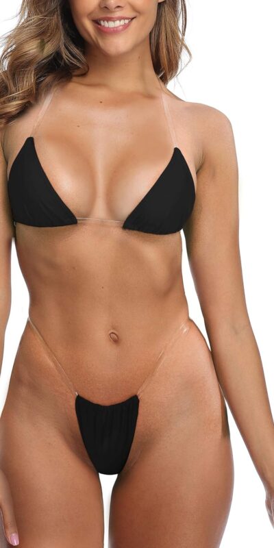 Clear Strap Cheeky Brazilian Micro Thong Bikini Swimsuit