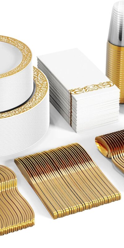 Gold Lace Disposable Dinnerware Set for 50 Guests, Heavy Duty
