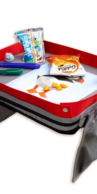 Red Kids E-Z Travel Lap Desk Tray - Universal Fit for Car Seat, Stroller & Airplane - Includes Bonus Printable Travel Games