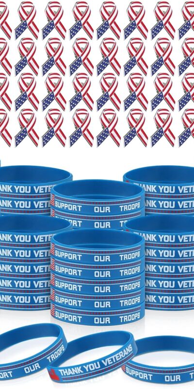 Veterans Wristband Bracelets & Lapel Pin Set - 100 Pcs