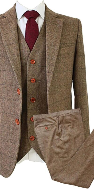 Vintage Men's 3-Piece Suit Herringbone Tweed Checkered Set - Size L
