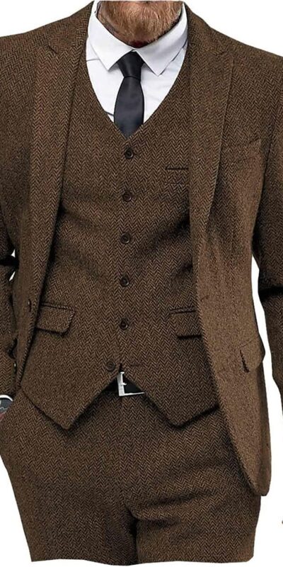 Elegant 3-Piece Tweed Herringbone Wedding Suit for Men