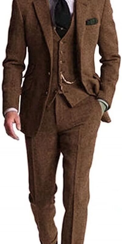 Vintage 3-Piece Brown Grey Tweed Herringbone Men's Suit Slim Fit
