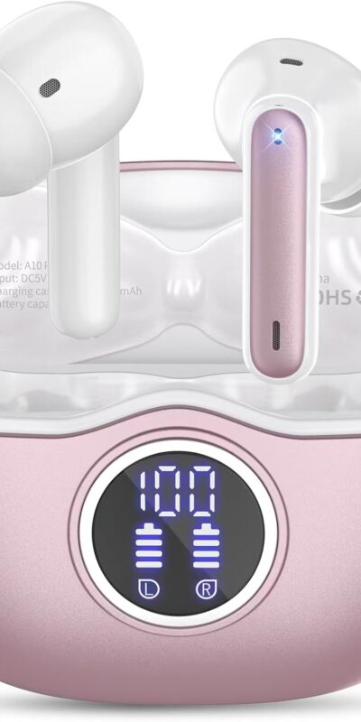 Rose Gold Wireless Earbuds with 50H Playtime and LED Display