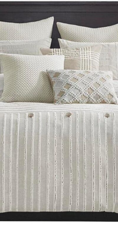 Boho King Comforter Set with Clipped Jacquard Stripes & Buttons