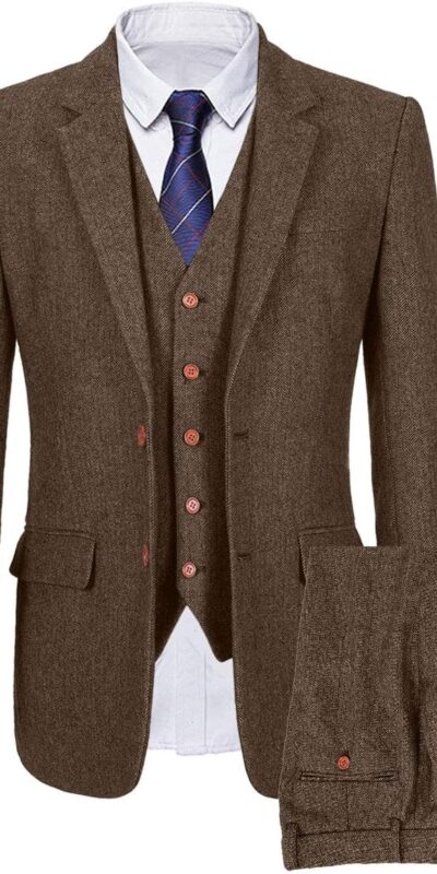 Vintage Men's 3-Piece Suit Herringbone Tweed Checkered Set - Size XL