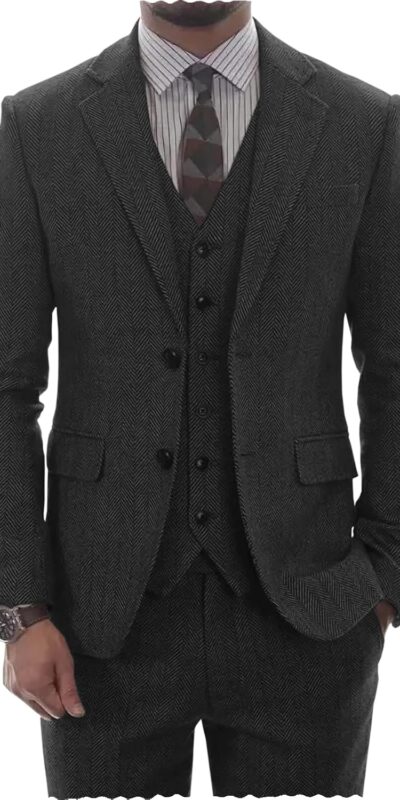 Vintage Tweed Herringbone 3-Piece Suit Modern Fit Men's Tuxedo