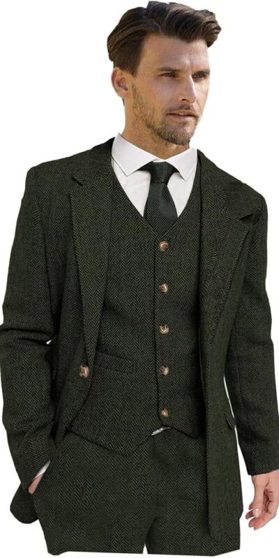 Men's Tweed Herringbone 3 Piece Wedding Suit, Regular Fit