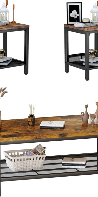 Industrial Coffee Table Set with 2 Side Tables, Modern Rustic Brown