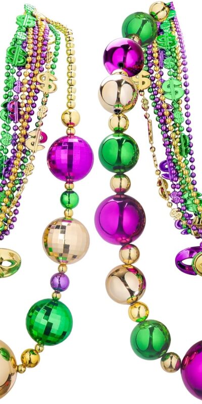 Mardi Gras Party Decorations Set: 14 pcs 40" Jumbo Ball Beads, Necklaces, Coins, Tattoos, Stickers