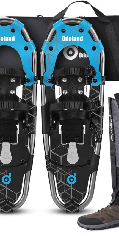Odoland 4-in-1 Snowshoes for Men Women Youth Kids with Trekking Poles, Waterproof Snow Leg Gaiters and Carrying Tote Bag, Lightweight Snow Shoes Easy to Wear Aluminum Alloy, Size 21''/25''/30''