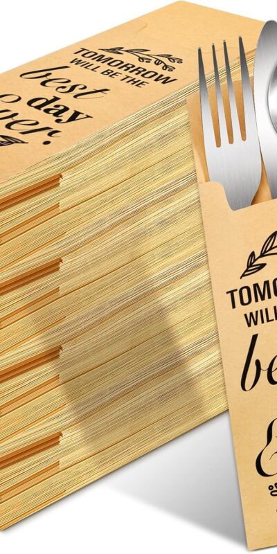 100 Pcs Wedding Paper Silverware Bags Rustic Cutlery Pouch 2.8 x 7.8 Inch