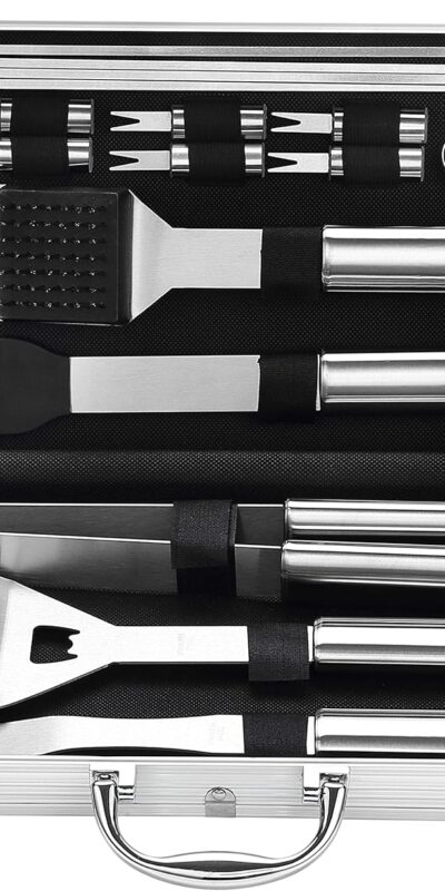 Grilljoy 20PCS Heavy Duty BBQ Grill Tools Set - Extra Thick Stainless Steel Spatula, Fork& Tongs - Complete Barbecue Accessories Kit in Aluminum Storage Case - Perfect Grill Gifts for Men - Brand New