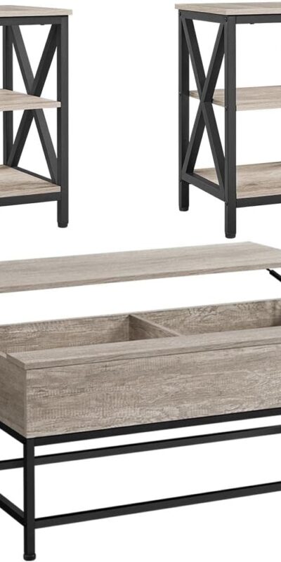 Modern Gray Coffee Table Set with Hidden Storage, 3-Piece