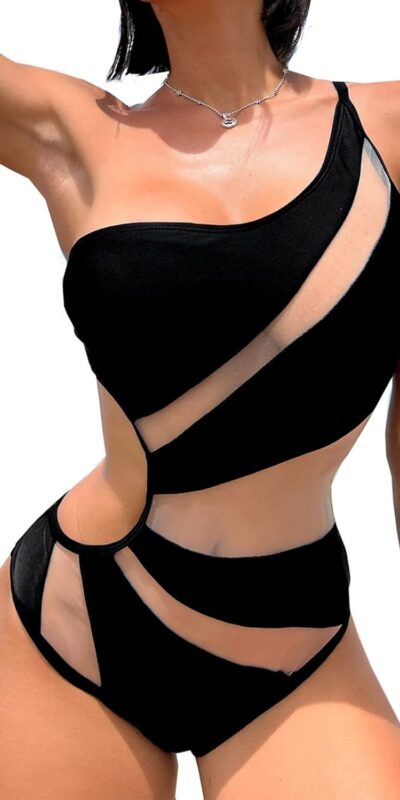 One Shoulder Mesh Swimsuit for Women - Slimming Monokini