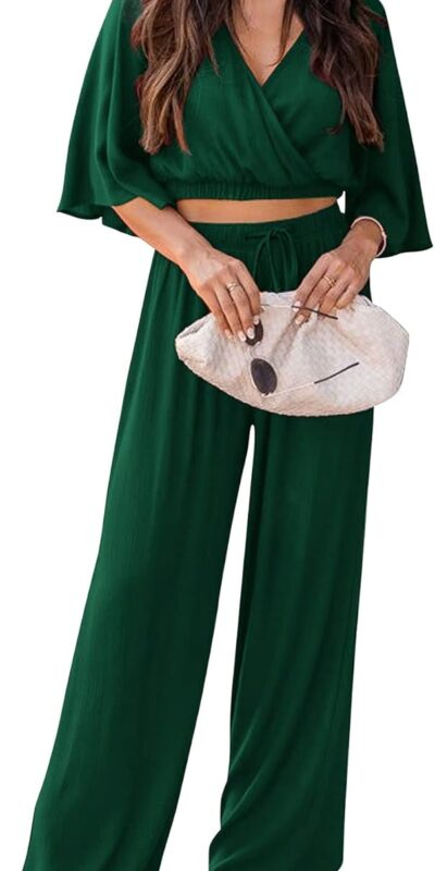PRETTYGARDEN Summer 2024 2-Piece Wrap Crop Top and Wide Leg Pants Set