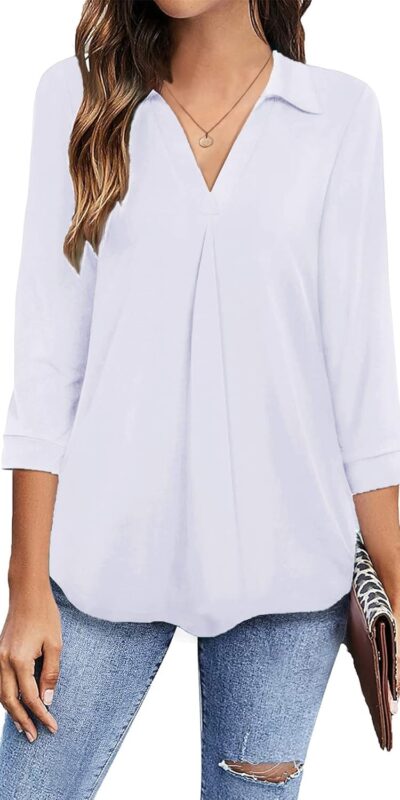 Women's Collared V Neck 3/4 Sleeve Work Blouse (Size S-3XL)