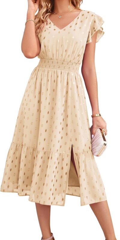 V Neck Ruffle Sleeve Tiered Midi Dress for Weddings