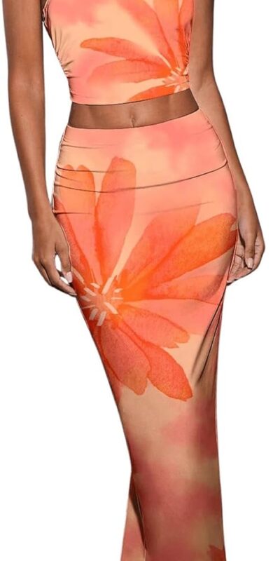 Floral Print Bandeau Crop Top and Ruched Skirt Set