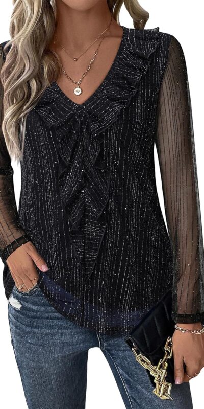 Gaharu Women's Mesh Double Layer Ruffle Blouse