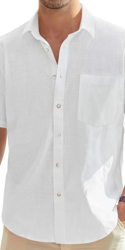 Men's Cotton Linen Short Sleeve Button Down Shirt with Pocket