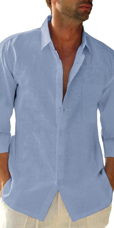 Men's Casual Long Sleeve Linen Beach Shirt with Pocket