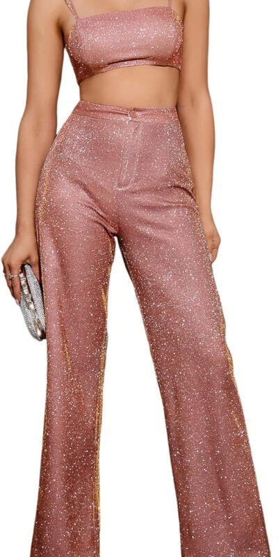 Colysmo Sparkle Sequin Two Piece Set, Sleeveless Crop Top, Wide Leg Pants