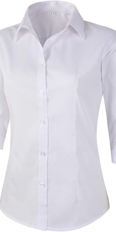 Beninos Women's White Button Down Shirt, 3/4 Sleeve, Formal