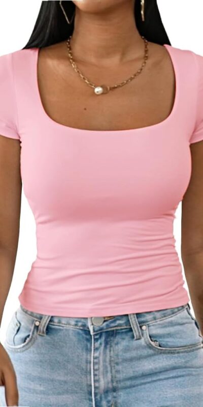 Women's Summer Sexy Square Neck Double Lined Crop T-Shirt