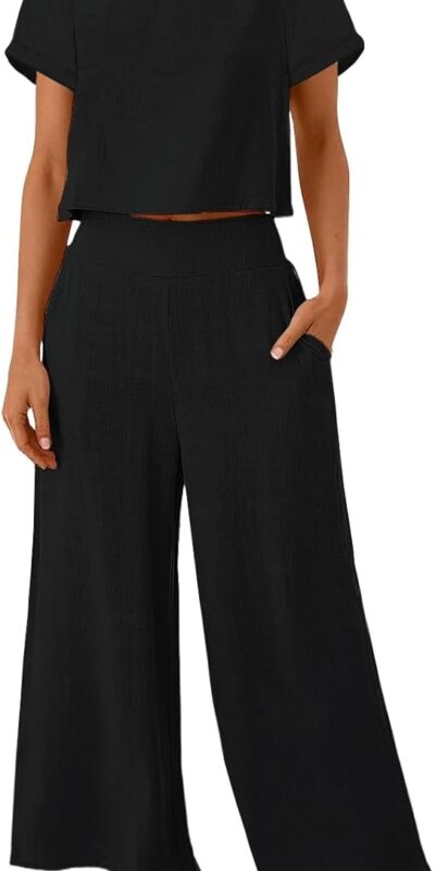 ZESICA Linen 2-Piece Lounge Set: Short Sleeve Crop Top & Wide Leg Pants